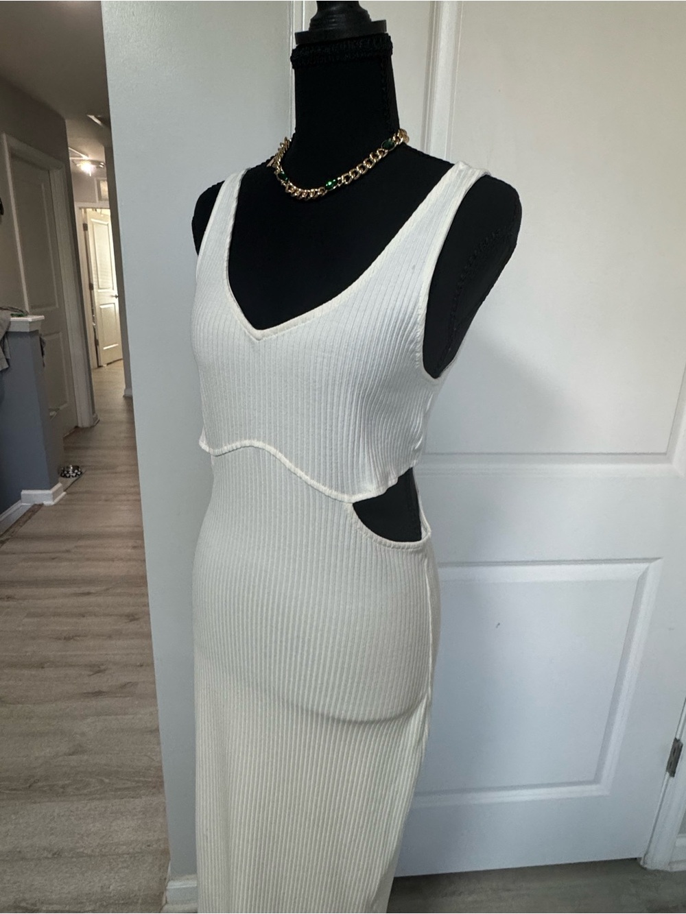H&M Cream Ribbed Maxi Dress with Side Cutouts